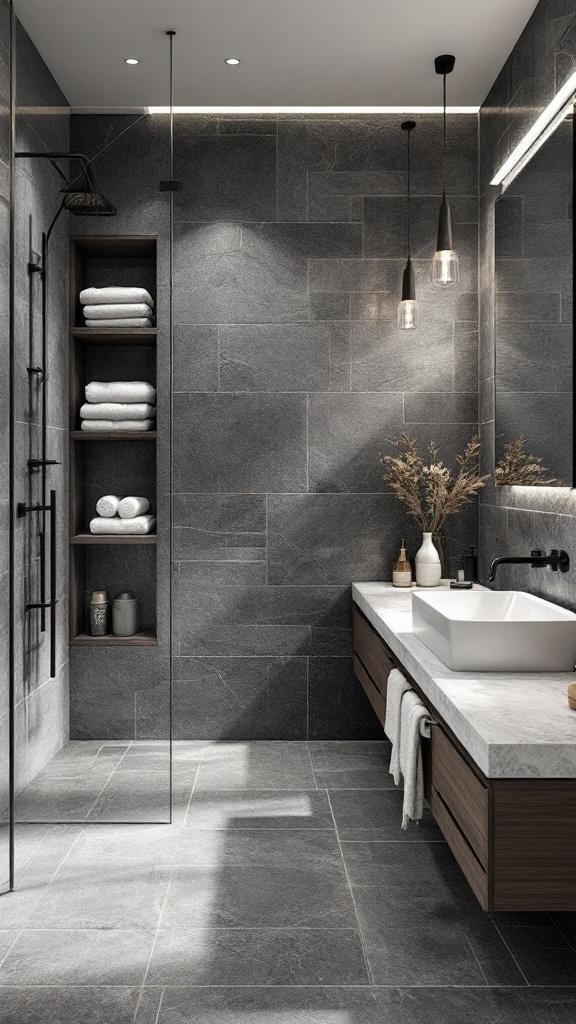 A modern dark bathroom featuring natural stone elements and stylish fixtures.