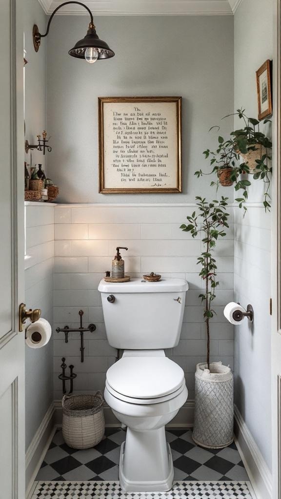 A vintage grey and white bathroom with a toilet, framed art, and plants.