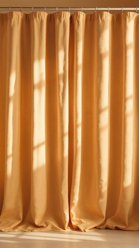 Textured linen shower curtain in warm earth tones.