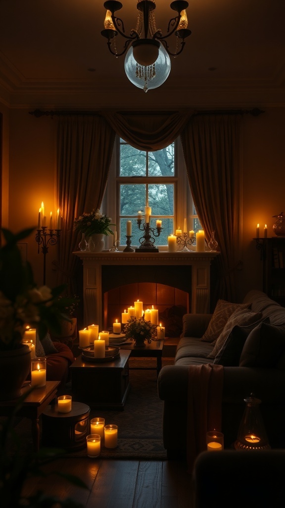 A cozy living room filled with candlelight, featuring velvet bean bags and a taxidermy crow.