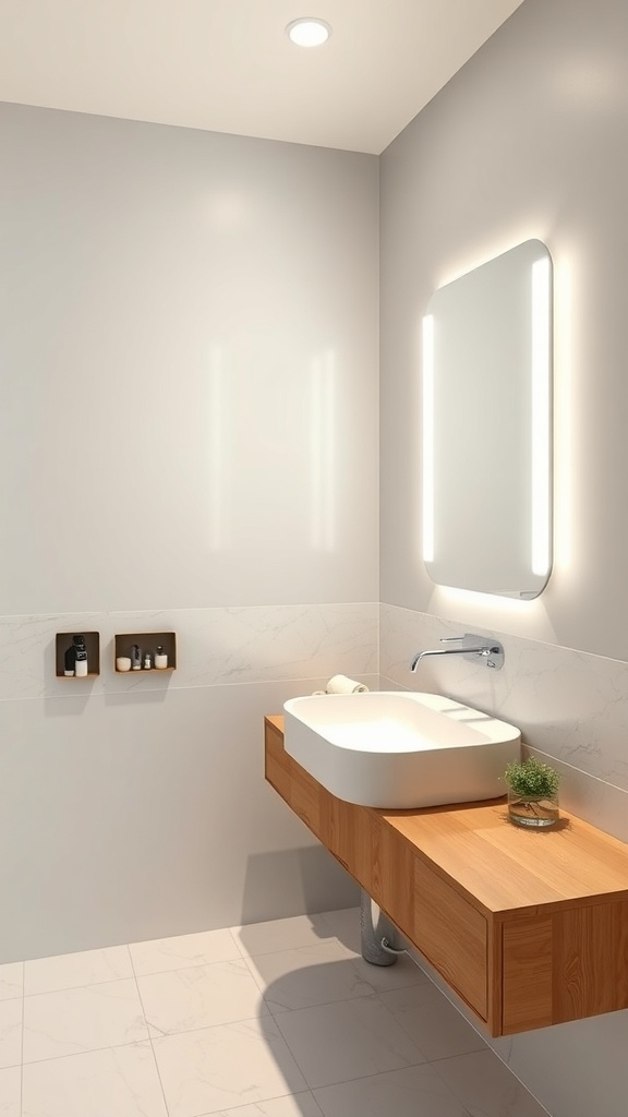 A modern bathroom featuring a sleek wooden vanity, a stylish sink, and a smart mirror with integrated lighting.
