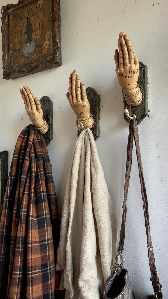 Doll hand hooks mounted on a wall holding various items.