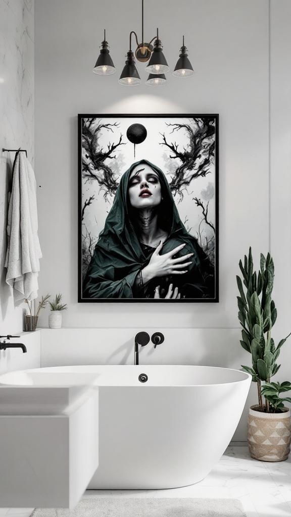 A dark artistic portrait in a modern bathroom setting.
