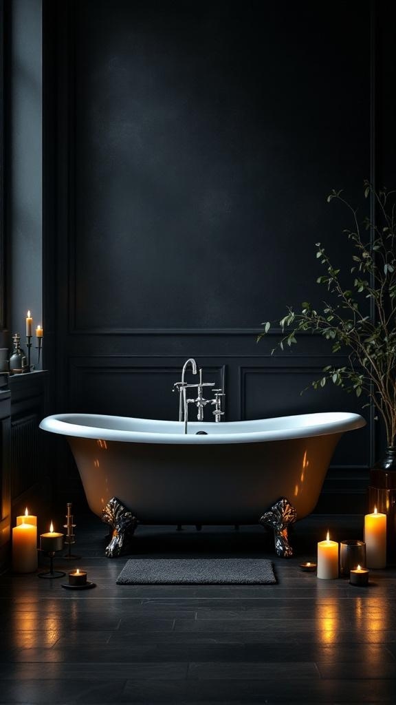 A claw-foot bathtub in a dark bathroom setting, surrounded by candles and a plant.