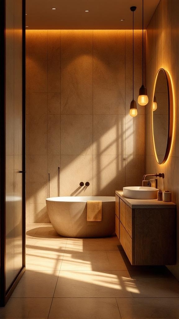 A spa-inspired bathroom with warm amber lighting, featuring a freestanding tub and wooden vanity.