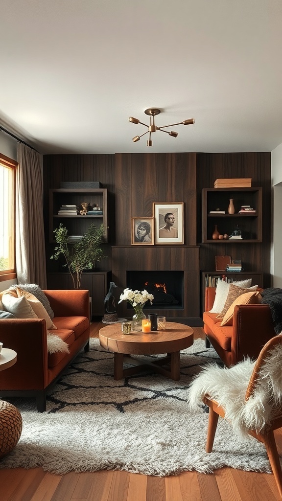 A cozy living room featuring velvet bean bags, wooden furniture, and layered textures.
