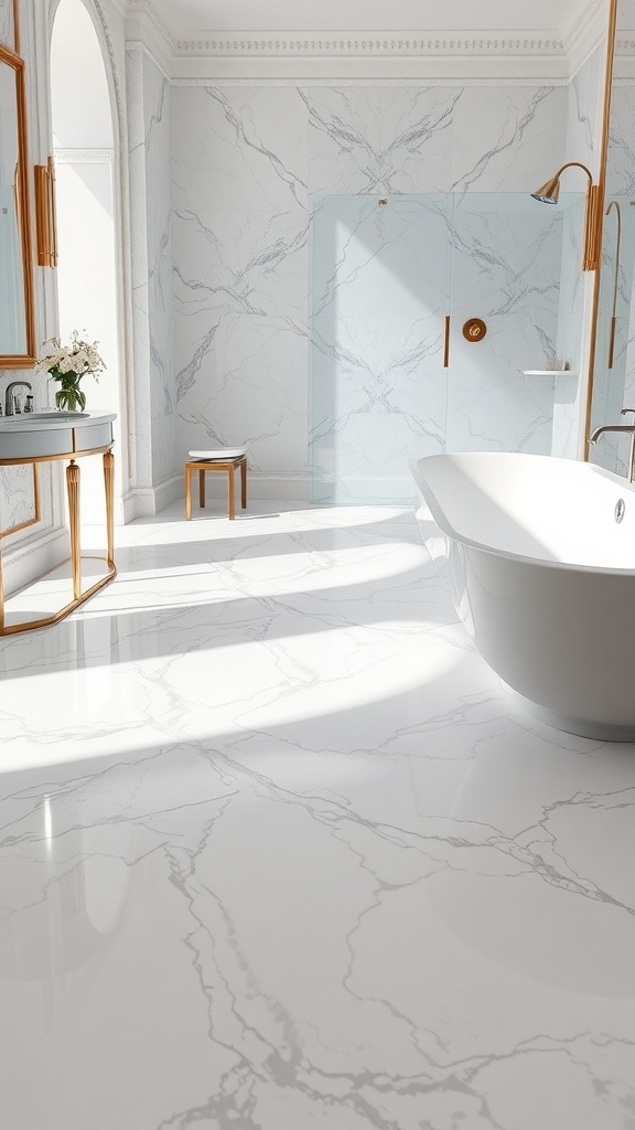 A luxurious bathroom featuring marble flooring, a freestanding bathtub, and elegant decor.