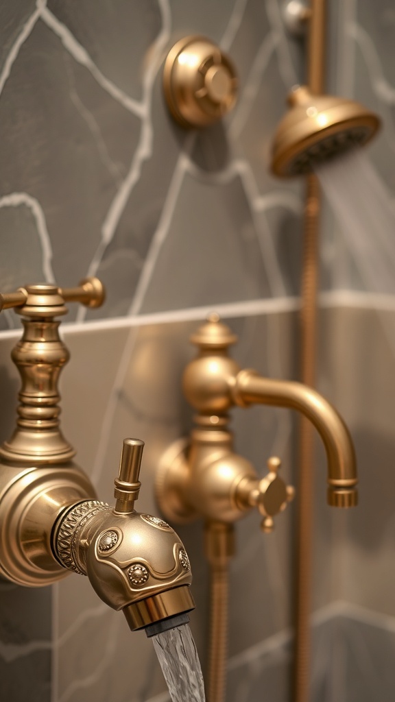 Close-up of luxurious gold bathroom fixtures with running water.