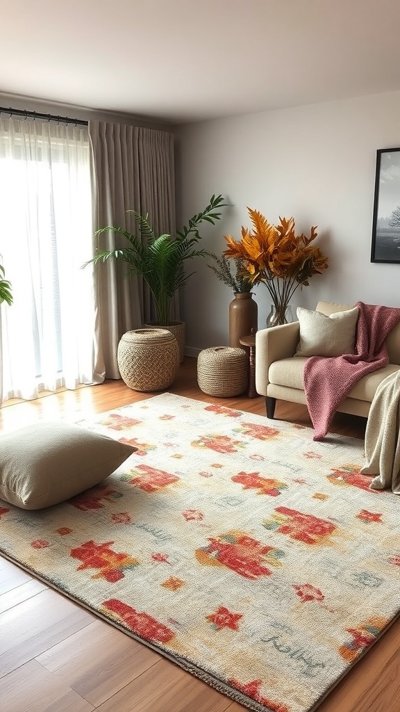 A cozy living room with layered rugs, plants, and autumn decor.