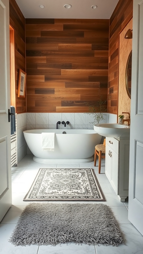 A stylish bathroom featuring layered rugs, with a plush bath mat and a decorative rug, creating a cozy atmosphere.