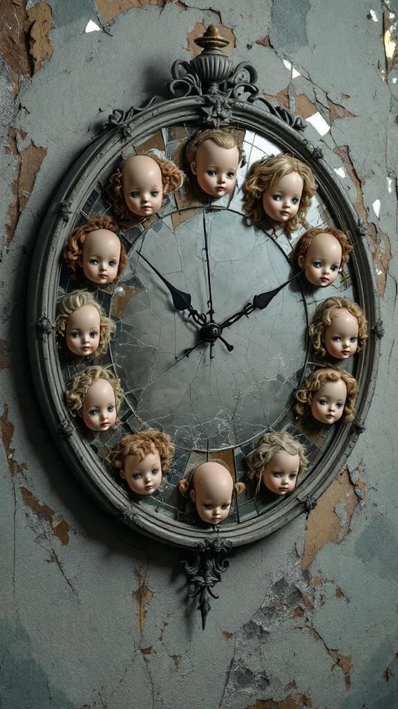 A wall clock made with doll heads arranged around a cracked mirror face.