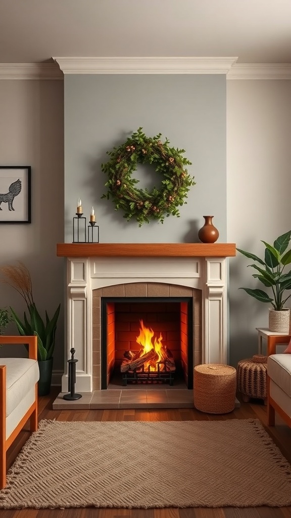 Cozy living room with a fireplace, wreath, and plants.