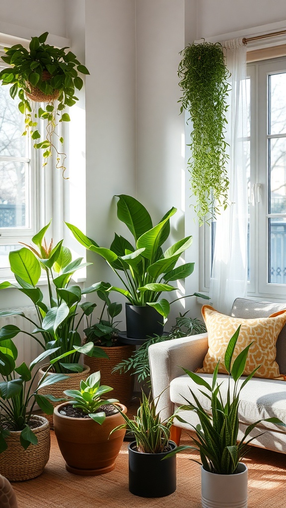 Cozy living room filled with various indoor plants, including hanging and potted varieties.