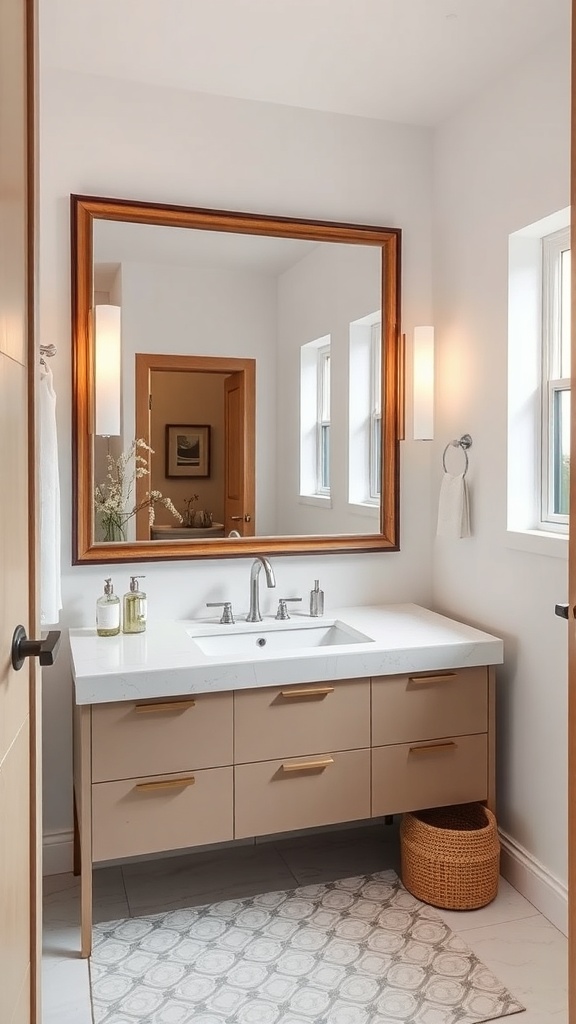 A modern bathroom featuring a large statement mirror with a wooden frame above a sleek vanity.