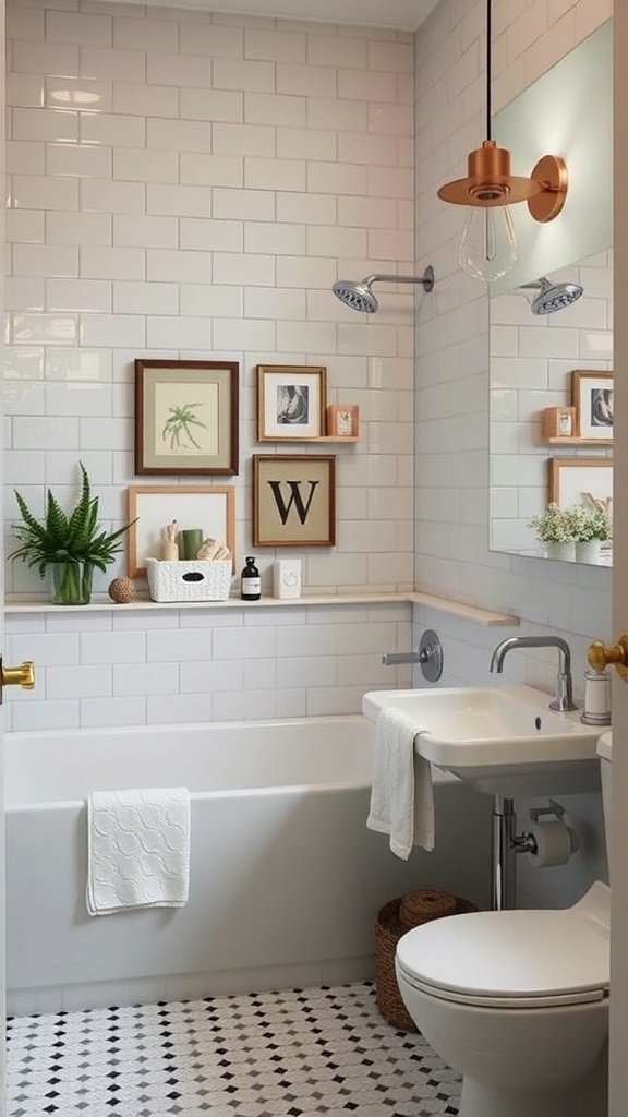 A modern bathroom featuring curated accessories like framed art, plants, and stylish storage.