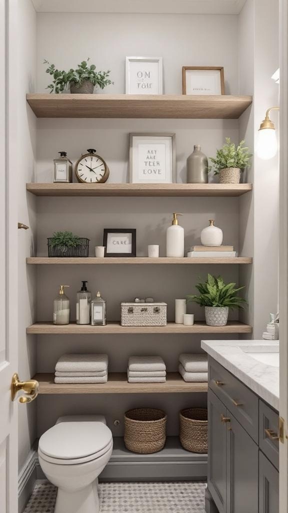 Functional grey shelving units in a stylish bathroom