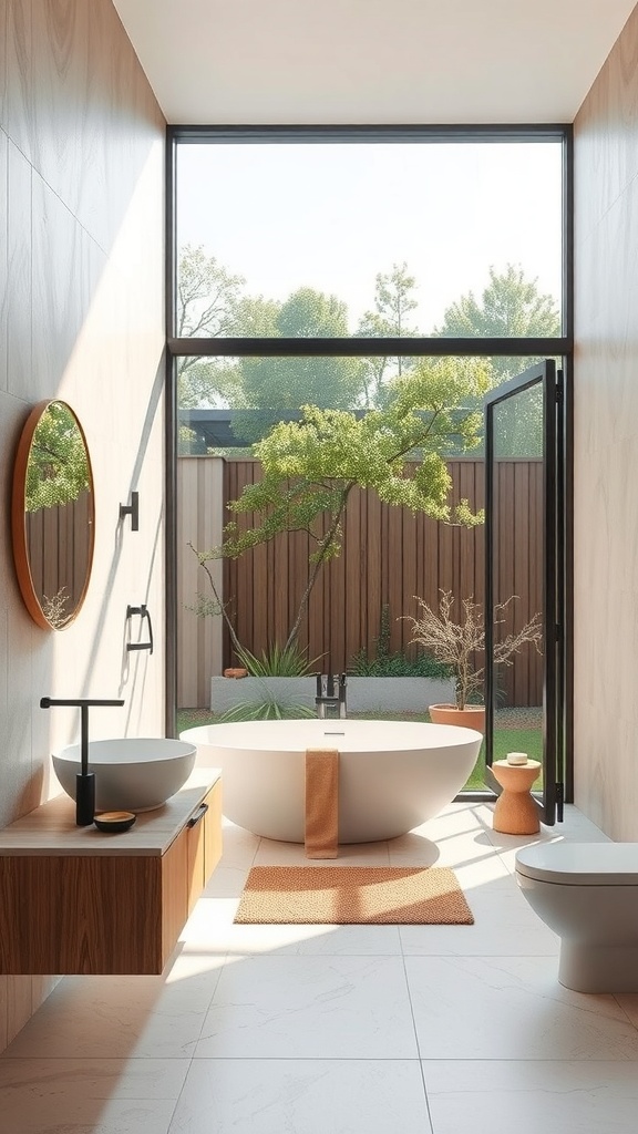 Modern bathroom with large windows and an open door leading to a garden.