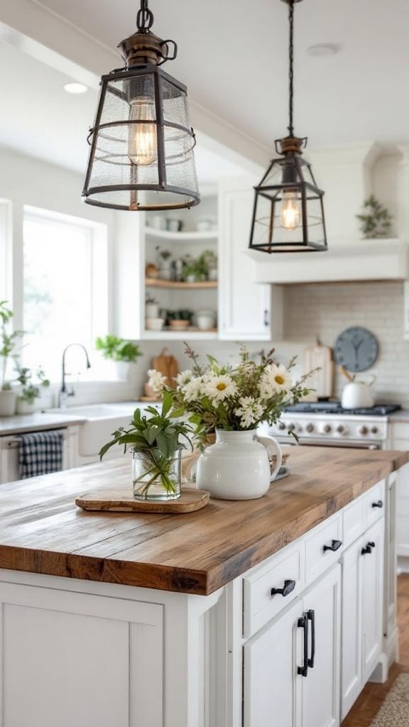 A cozy farmhouse kitchen with rustic pendant lights hanging over a wooden island, featuring fresh fruits and flowers.