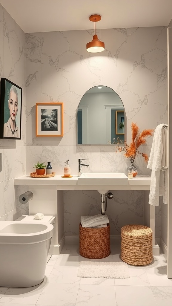 Modern bathroom interior with artful decor including framed pictures, a stylish light fixture, and plants.