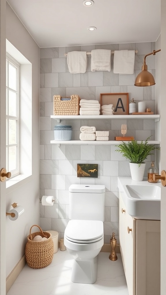 A modern bathroom featuring integrated storage solutions with open shelves and decorative baskets.