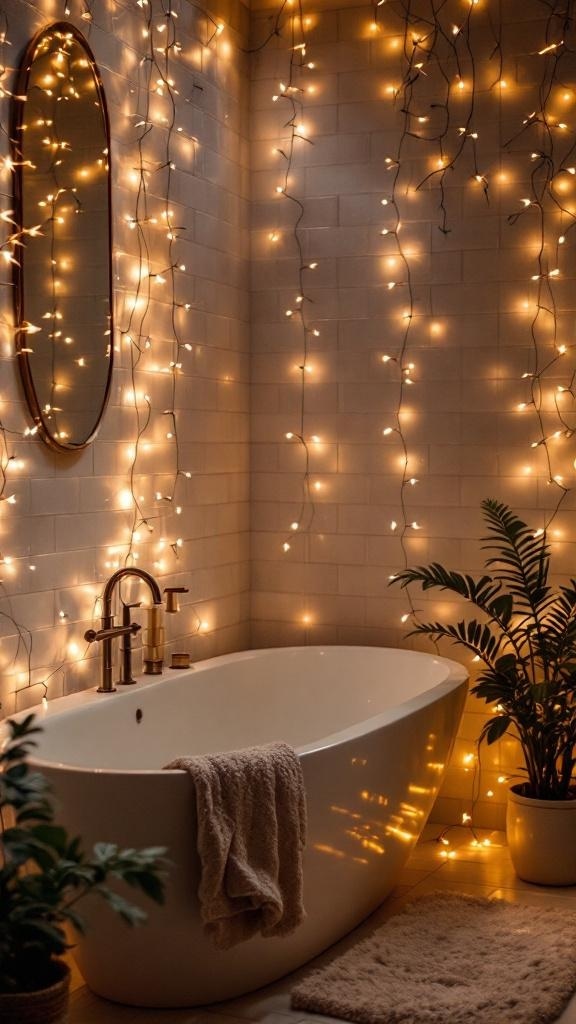 A beautifully lit bathroom with fairy lights, featuring a freestanding bathtub and plants.