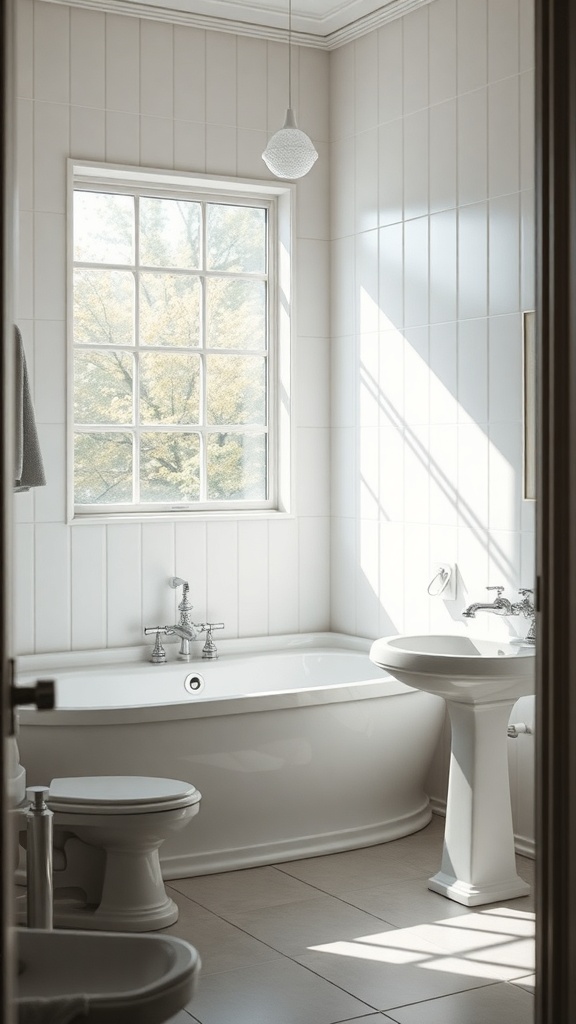 Bright bathroom with natural light, featuring white tile walls and marble flooring.