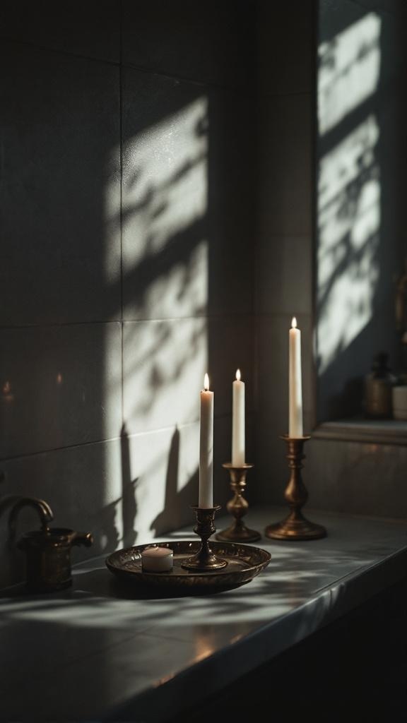 Three candles in vintage holders on a bathroom countertop, casting soft shadows.