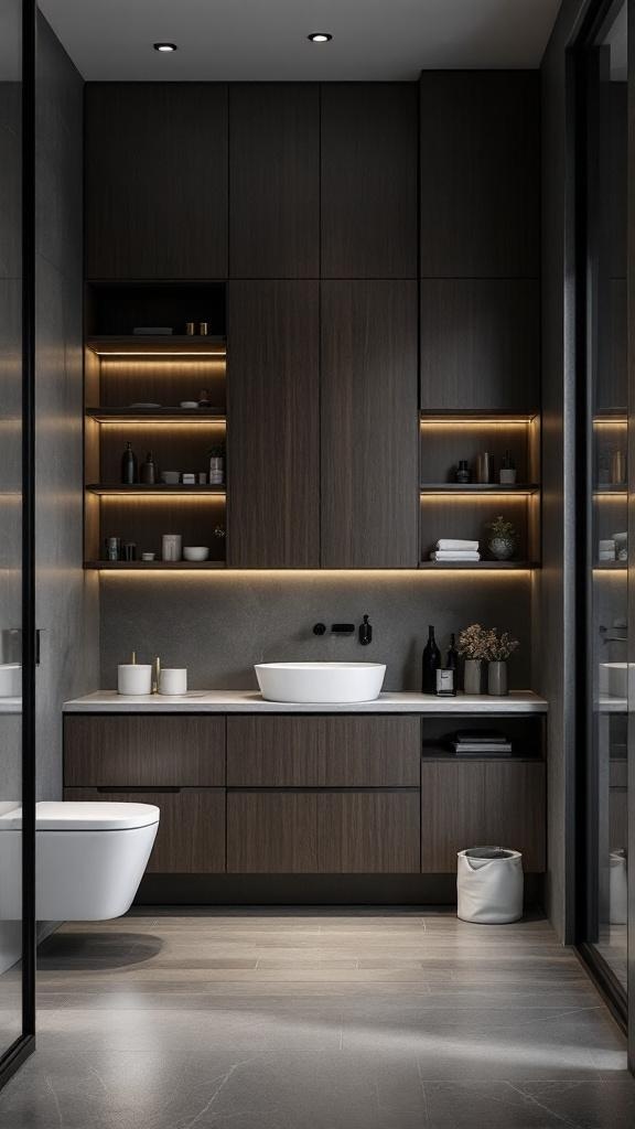 A modern bathroom featuring dark wood cabinetry and soft lighting.