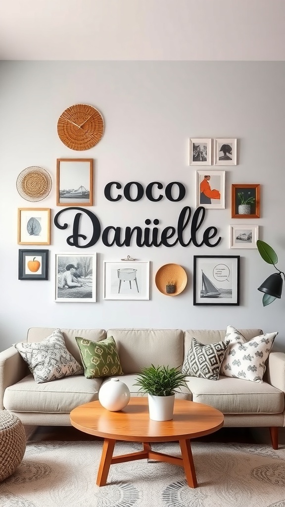 Cozy living room with a creative wall display featuring various framed artworks and a large text art piece.