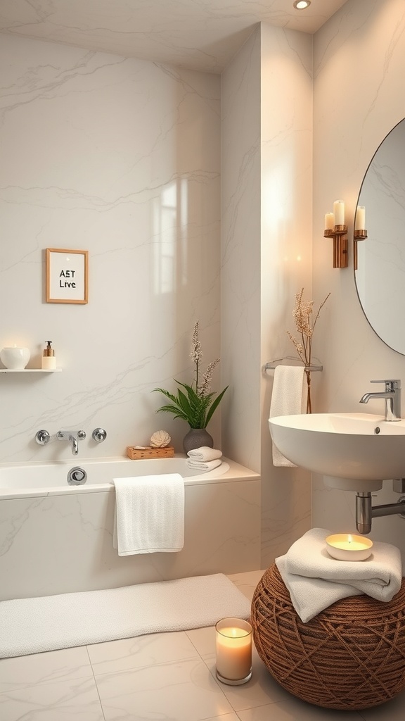 A stylish bathroom featuring marble flooring, white tile walls, and decorative accents like plants and candles.