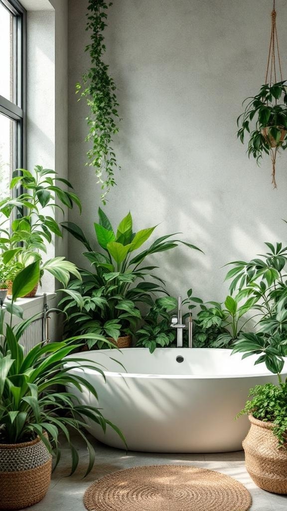 A modern bathroom with various indoor plants around the toilet and sink.