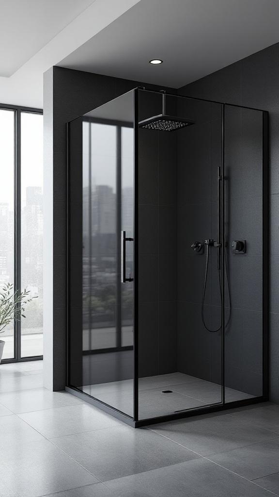 A modern dark glass shower enclosure in a stylish bathroom.