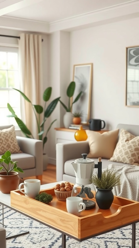 A cozy coffee station with mugs, a coffee maker, and plants on a wooden tray in a stylish living room.