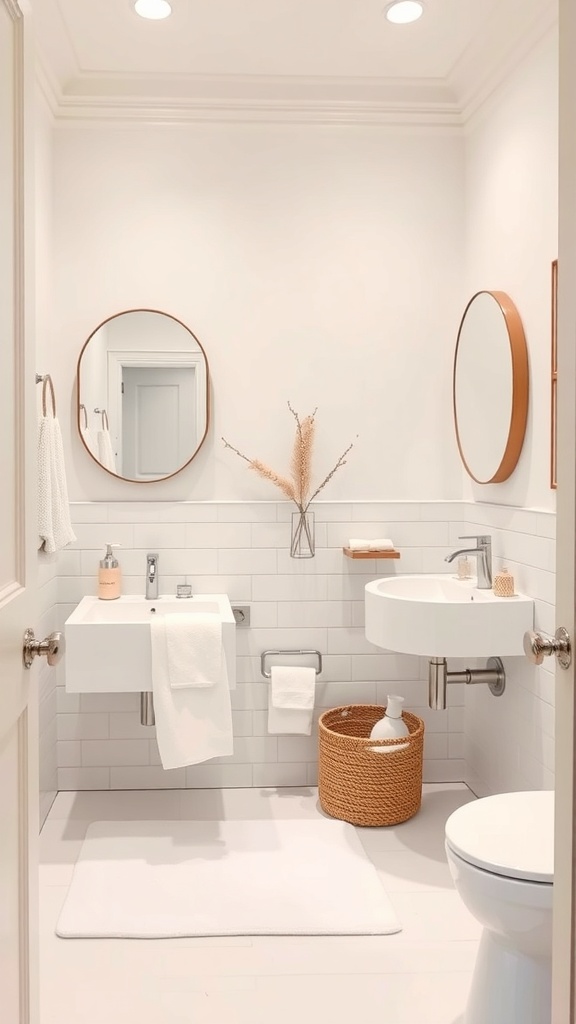 A stylish guest bathroom featuring white tile walls, marble flooring, and decorative accents.