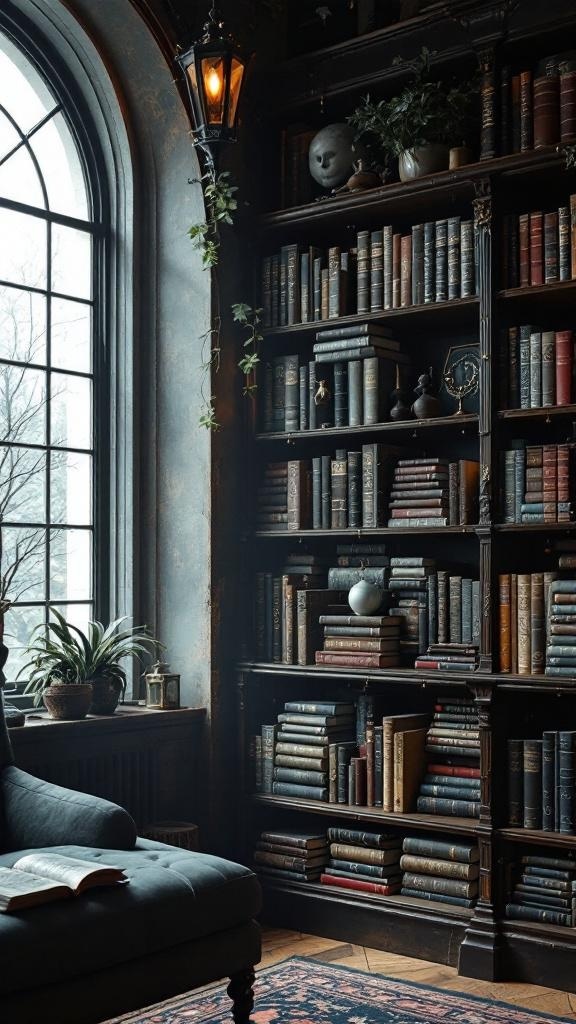 A cozy living room with a large bookshelf filled with books, a comfortable chair, and a window.