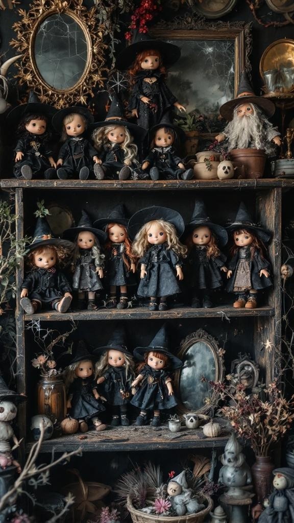 A shelf displaying thrifted dolls in witch costumes, surrounded by broken mirrors and decorative items.