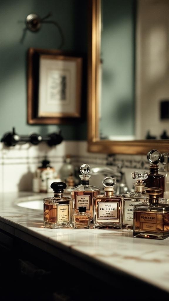 A collection of vintage perfume bottles on a marble countertop in a bathroom.