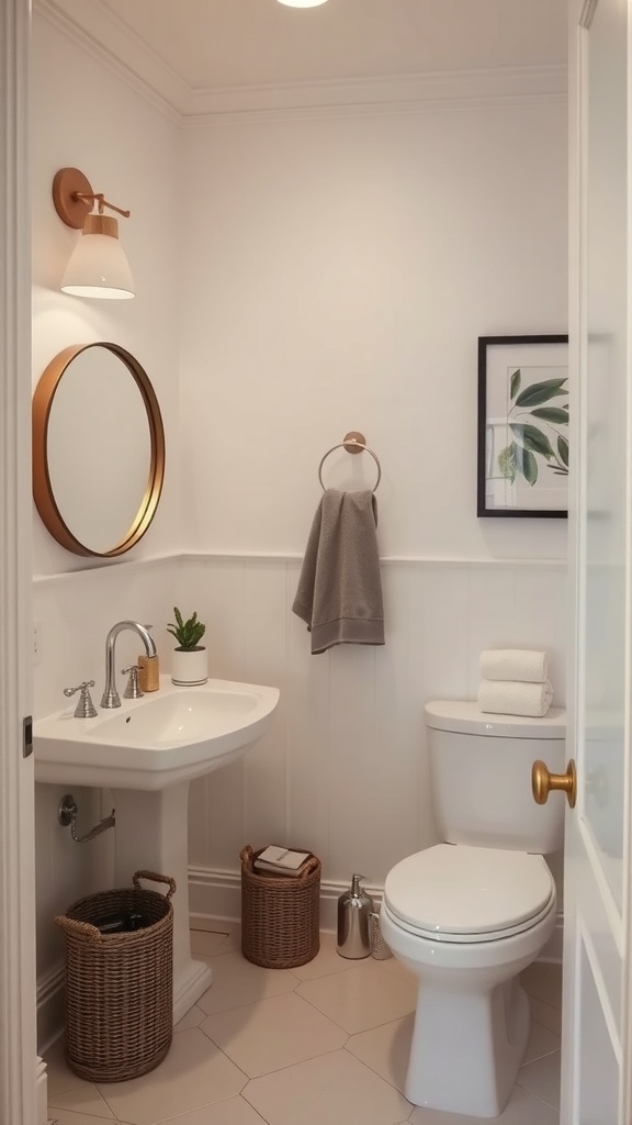 A stylish guest bathroom featuring a sink, toilet, and decorative accents.