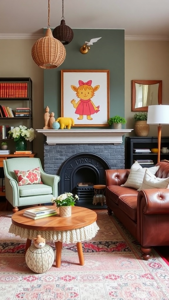 A cozy living room with whimsical decor including colorful pillows, playful wall art, and plants.