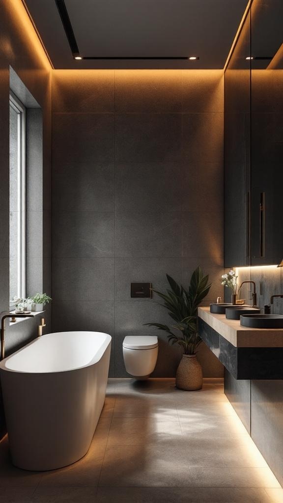 A modern dark bathroom featuring layered lighting with warm tones.