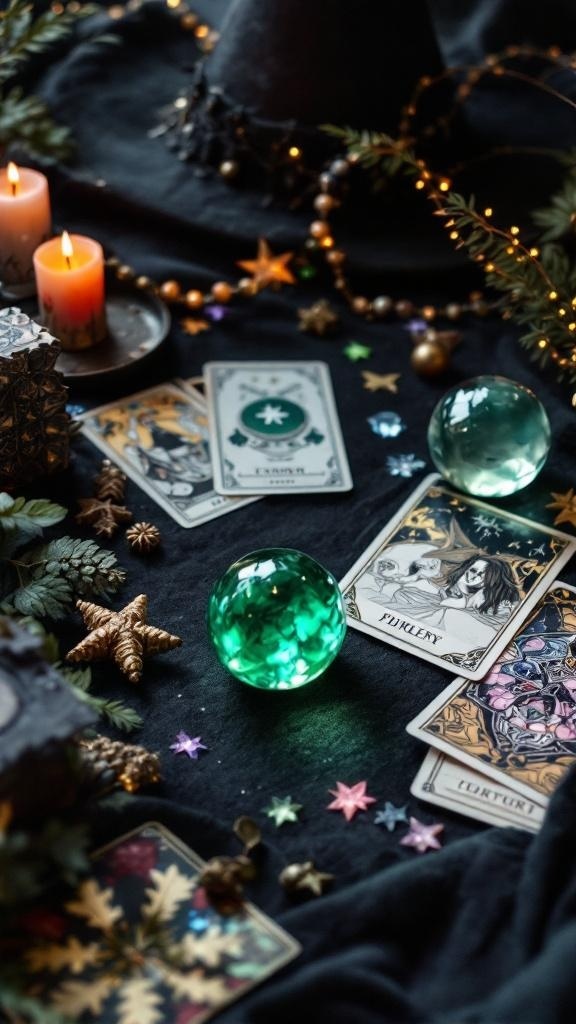 A mystical living room with tarot cards, candles, and crystal balls on a dark table.