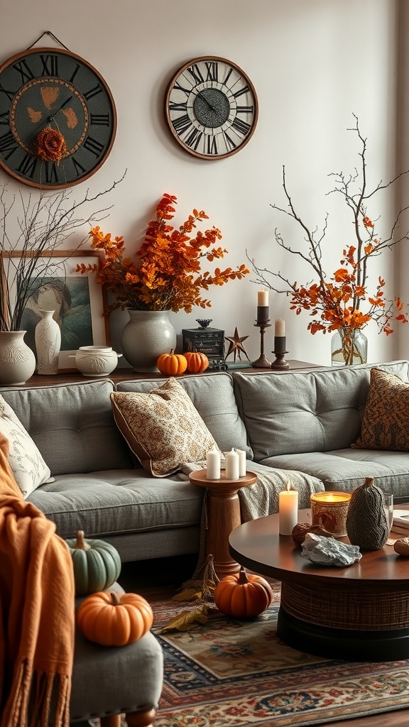 A cozy living room decorated for autumn with pumpkins, candles, and warm colors.