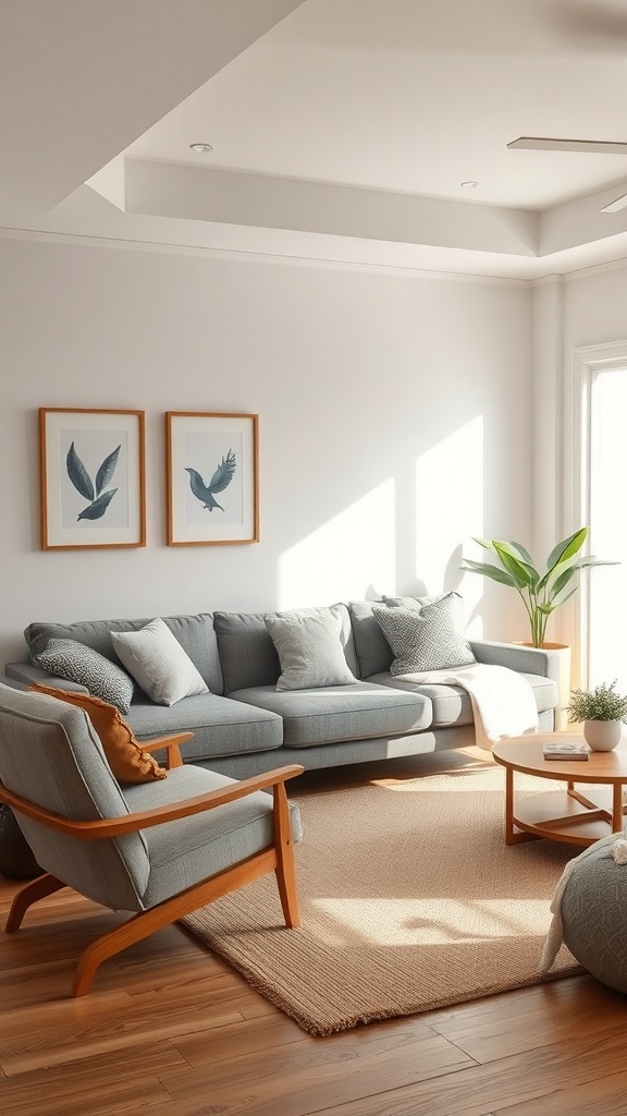 Cozy living room with a grey sofa, wooden chairs, and natural light.