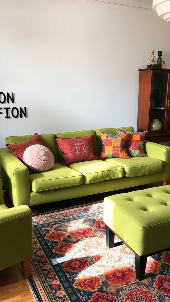 A retro green sofa with colorful pillows in a bright living room setting.