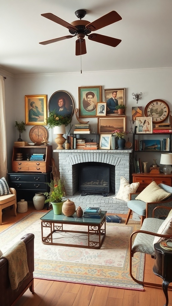 A cozy living room filled with vintage decor, including framed portraits and eclectic furniture.