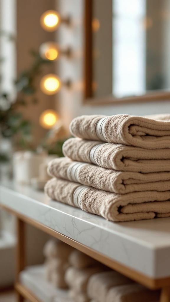 Stack of soft taupe towels on a marble countertop in a spa-inspired bathroom.