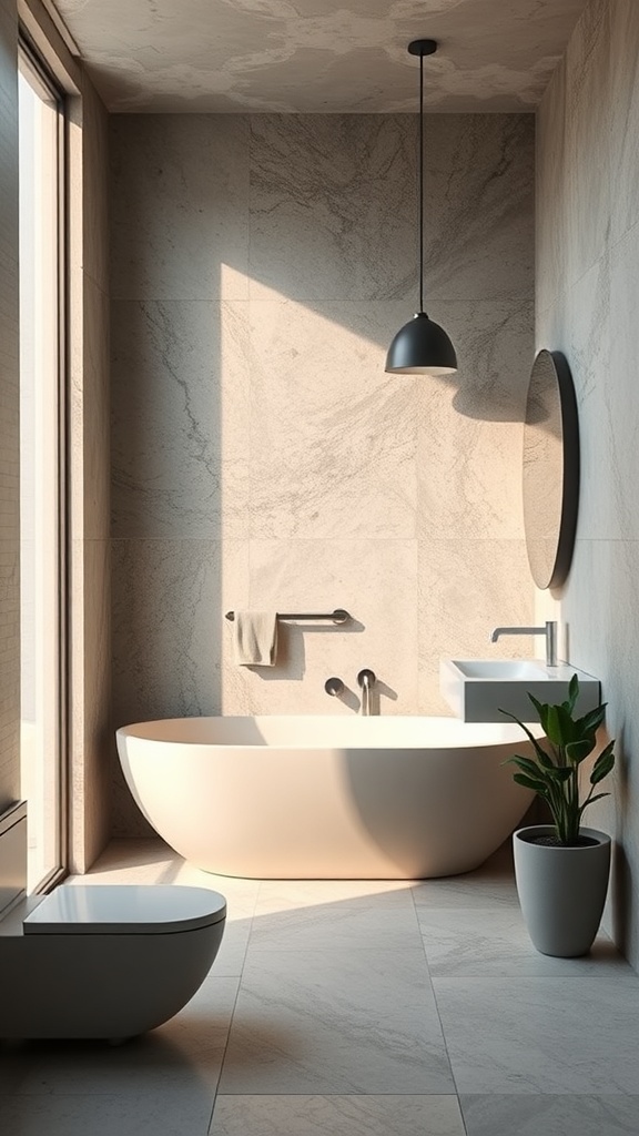 Modern bathroom featuring eco-friendly materials with a minimalist design.