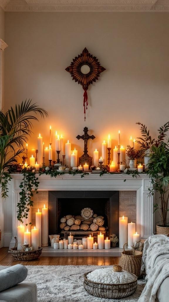 A serene living room altar display featuring numerous candles and decorative elements.