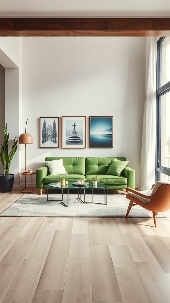 A modern living room featuring a retro green couch, wooden flooring, and minimalistic decor.