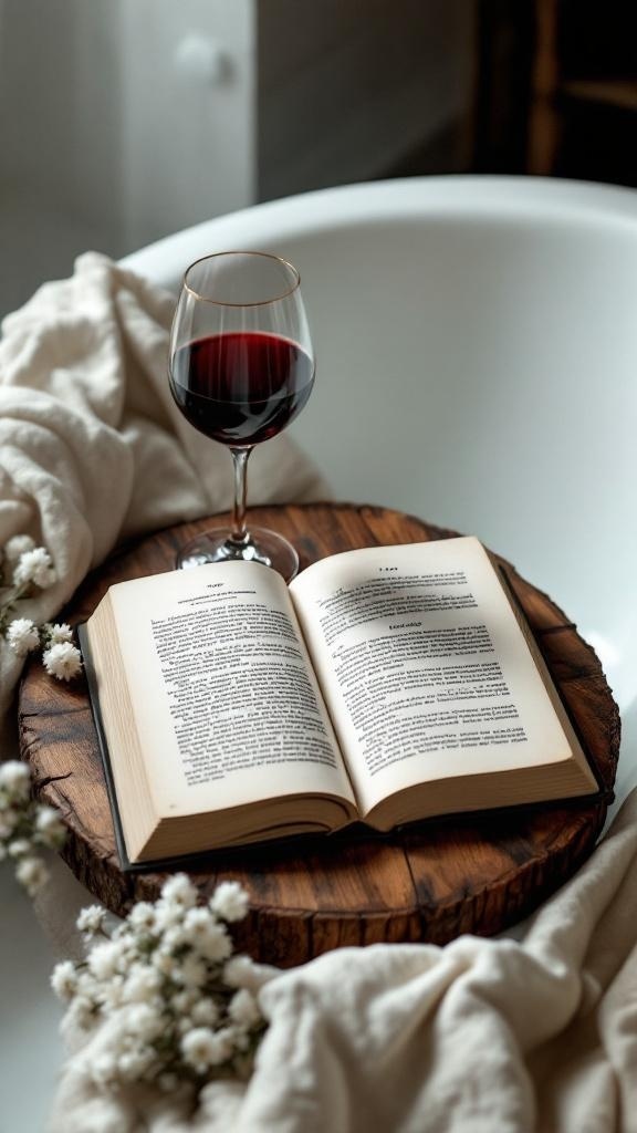 A wooden bath tray with an open book and a glass of red wine, surrounded by soft fabric and flowers.